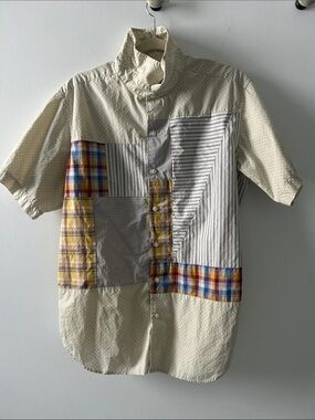 Men's Patchwork Button-Down Short Sleeve Shirt - Cream with Multicolor Accents